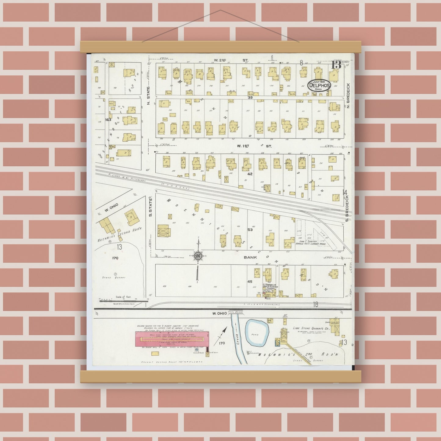 Old map wall art mockup — magnetic wood frame on brick wall — Sanborn Fire Insurance Map from Delphos, Van Wert And Allen Counties, Ohio (1921), Sheet #0013