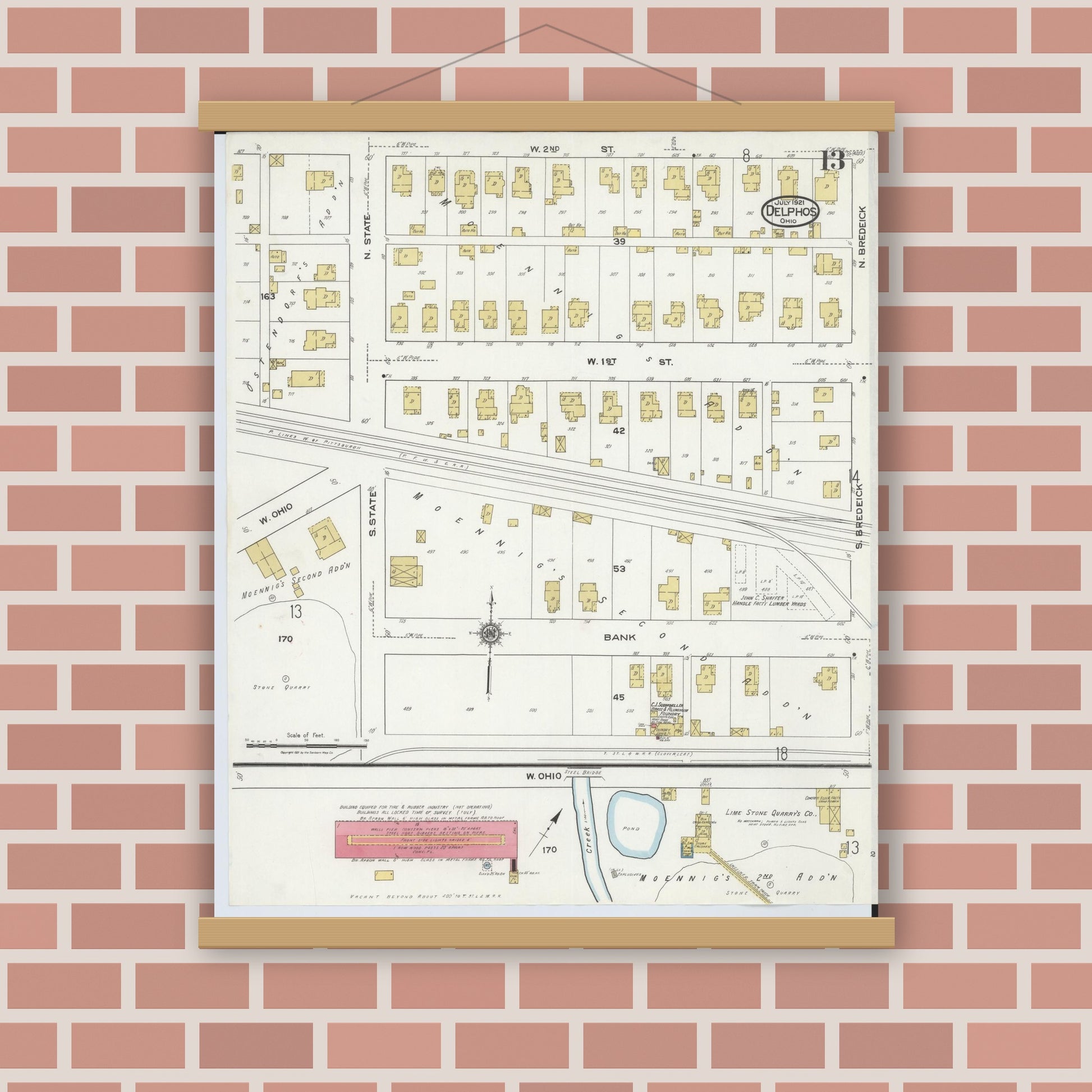 Old map wall art mockup — magnetic wood frame on brick wall — Sanborn Fire Insurance Map from Delphos, Van Wert And Allen Counties, Ohio (1921), Sheet #0013