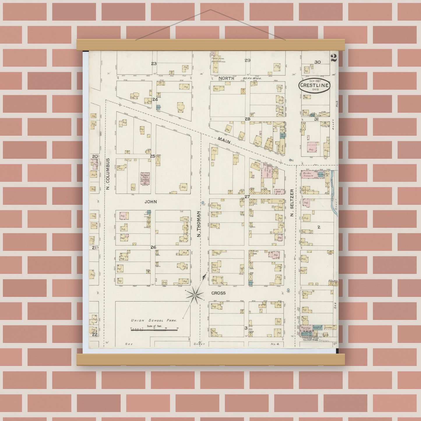 Old map wall art mockup — magnetic wood frame on brick wall — Sanborn Fire Insurance Map from Crestline, Crawford County, Ohio (1887), Sheet #0002