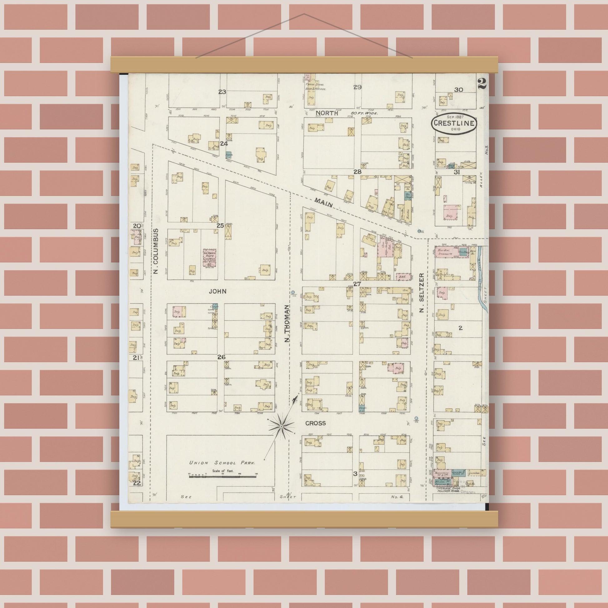 Old map wall art mockup — magnetic wood frame on brick wall — Sanborn Fire Insurance Map from Crestline, Crawford County, Ohio (1887), Sheet #0002