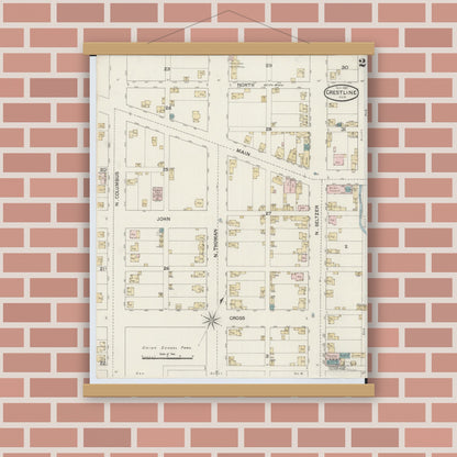 Old map wall art mockup — magnetic wood frame on brick wall — Sanborn Fire Insurance Map from Crestline, Crawford County, Ohio (1887), Sheet #0002