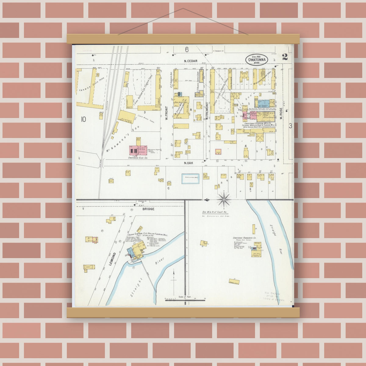 Old map wall art mockup — magnetic wood frame on brick wall — Sanborn Fire Insurance Map from Owatonna, Steele County, Minnesota (1900), Sheet #0002