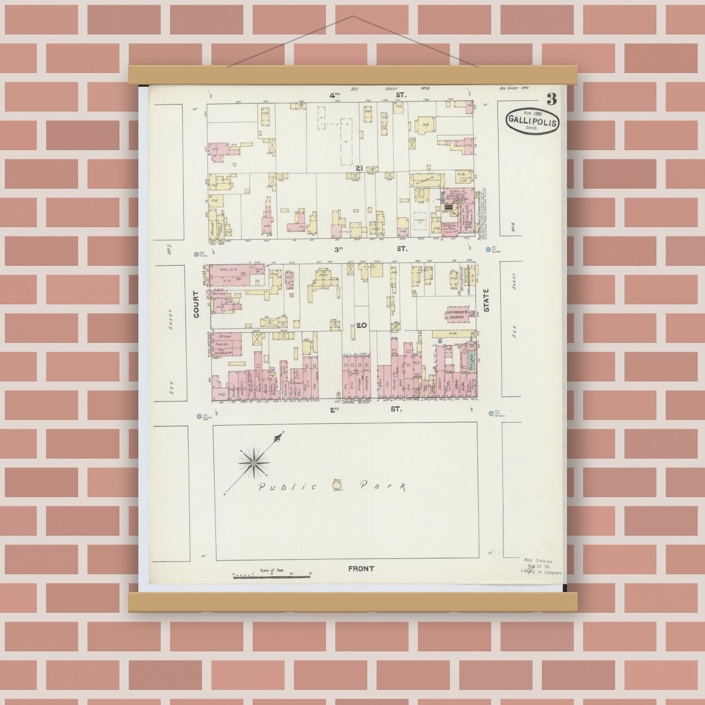 Old map wall art mockup — magnetic wood frame on brick wall — Sanborn Fire Insurance Map from Gallipolis, Gallia County, Ohio (1890), Sheet #0003
