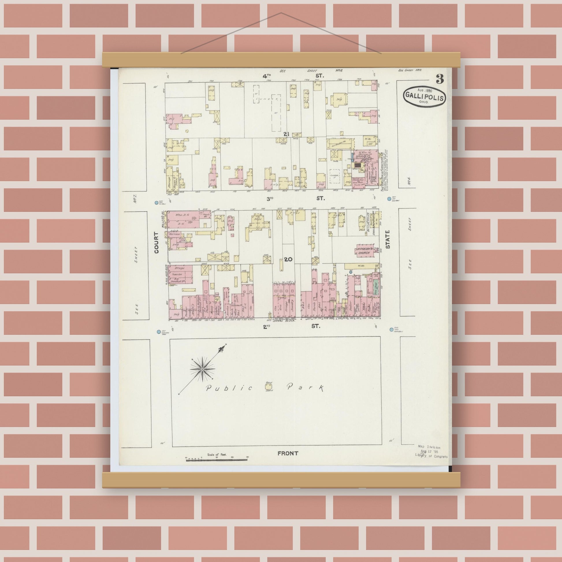Old map wall art mockup — magnetic wood frame on brick wall — Sanborn Fire Insurance Map from Gallipolis, Gallia County, Ohio (1890), Sheet #0003