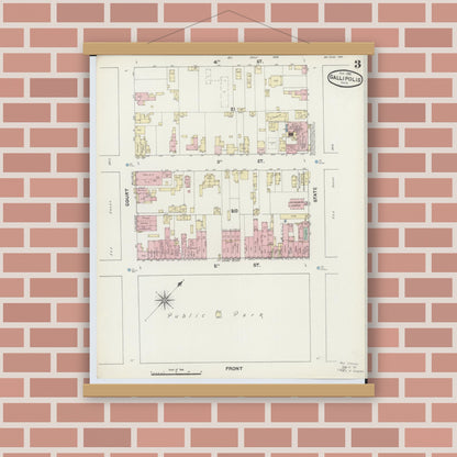 Old map wall art mockup — magnetic wood frame on brick wall — Sanborn Fire Insurance Map from Gallipolis, Gallia County, Ohio (1890), Sheet #0003
