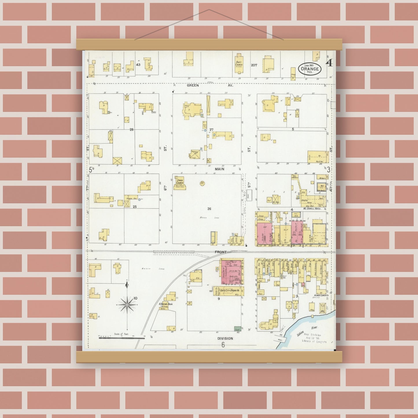 Old map wall art mockup — magnetic wood frame on brick wall — Sanborn Fire Insurance Map from Orange, Orange County, Texas (1901), Sheet #0004