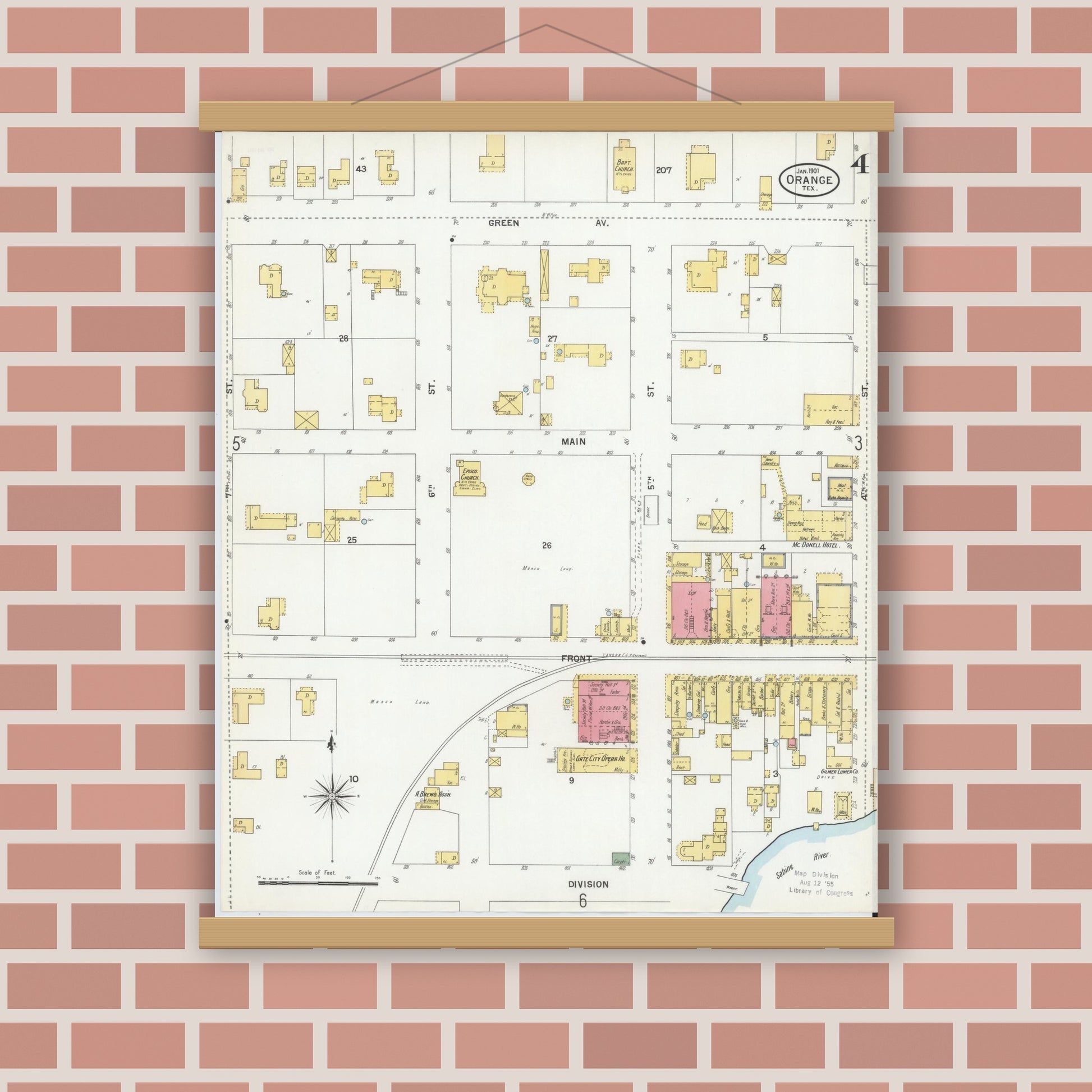 Old map wall art mockup — magnetic wood frame on brick wall — Sanborn Fire Insurance Map from Orange, Orange County, Texas (1901), Sheet #0004