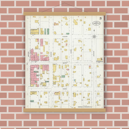Old map wall art mockup — magnetic wood frame on brick wall — Sanborn Fire Insurance Map from Lancaster, Grant County, Wisconsin (1899), Sheet #0003
