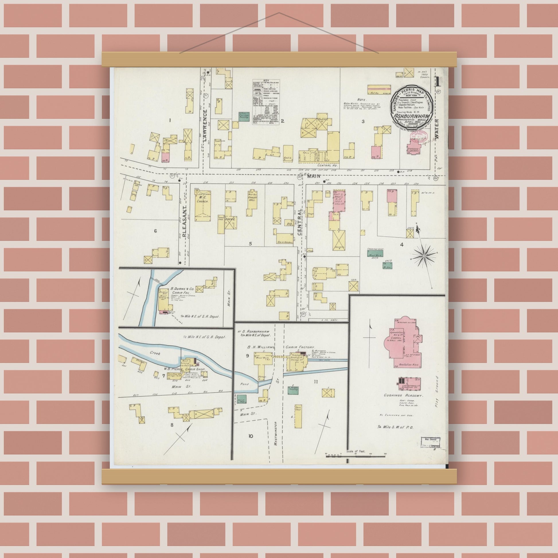 Old map wall art mockup — magnetic wood frame on brick wall — Sanborn Fire Insurance Map from Ashburnham, Worcester County, Massachusetts (1895), Sheet #0001