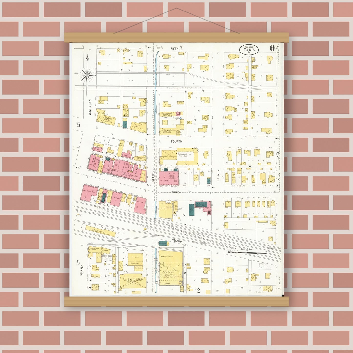 Old map wall art mockup — magnetic wood frame on brick wall — Sanborn Fire Insurance Map from Tama, Tama County, Iowa (1906), Sheet #0006