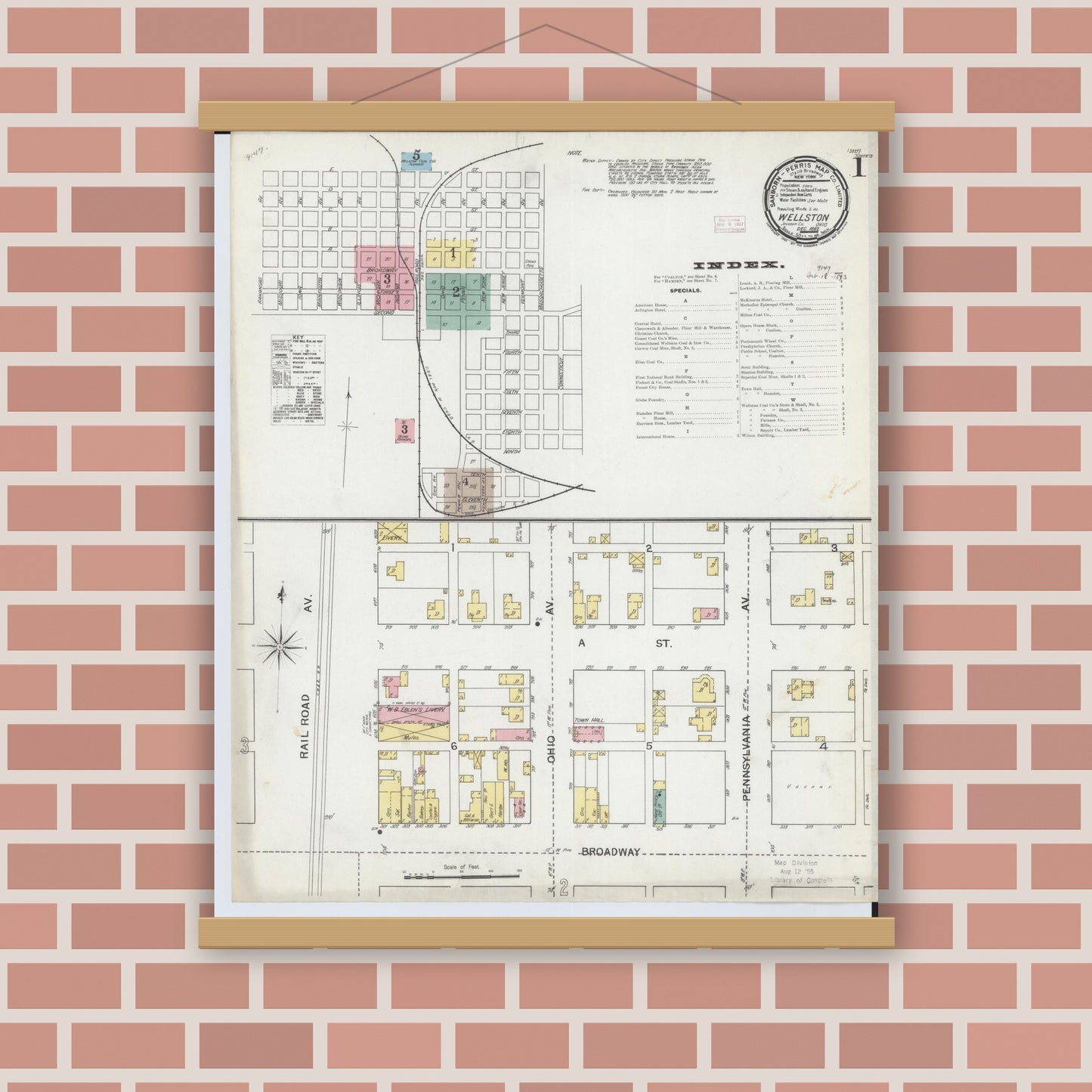 Old map wall art mockup — magnetic wood frame on brick wall — Sanborn Fire Insurance Map from Wellston, Jackson County, Ohio (1892) - Complete Map Set