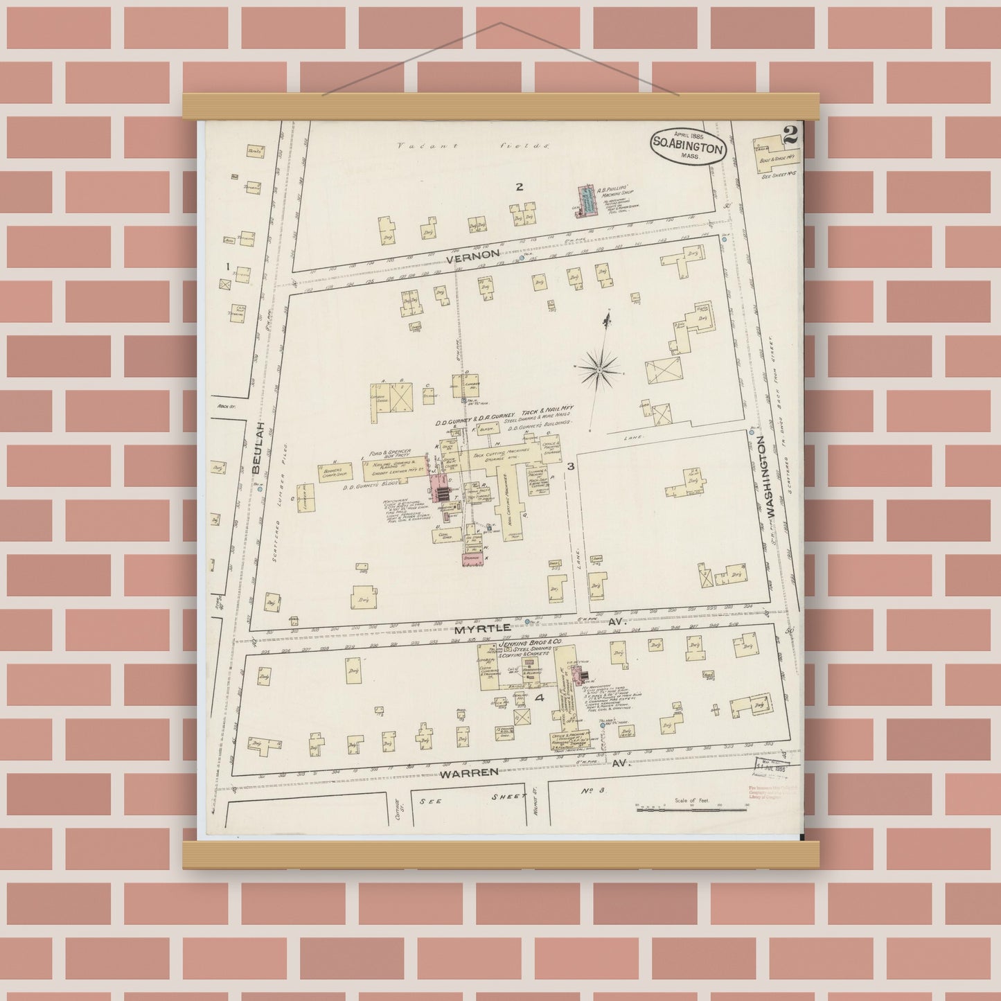 Old map wall art mockup — magnetic wood frame on brick wall — Sanborn Fire Insurance Map from South Abington, Plymouth County, Massachusetts (1885), Sheet #0002