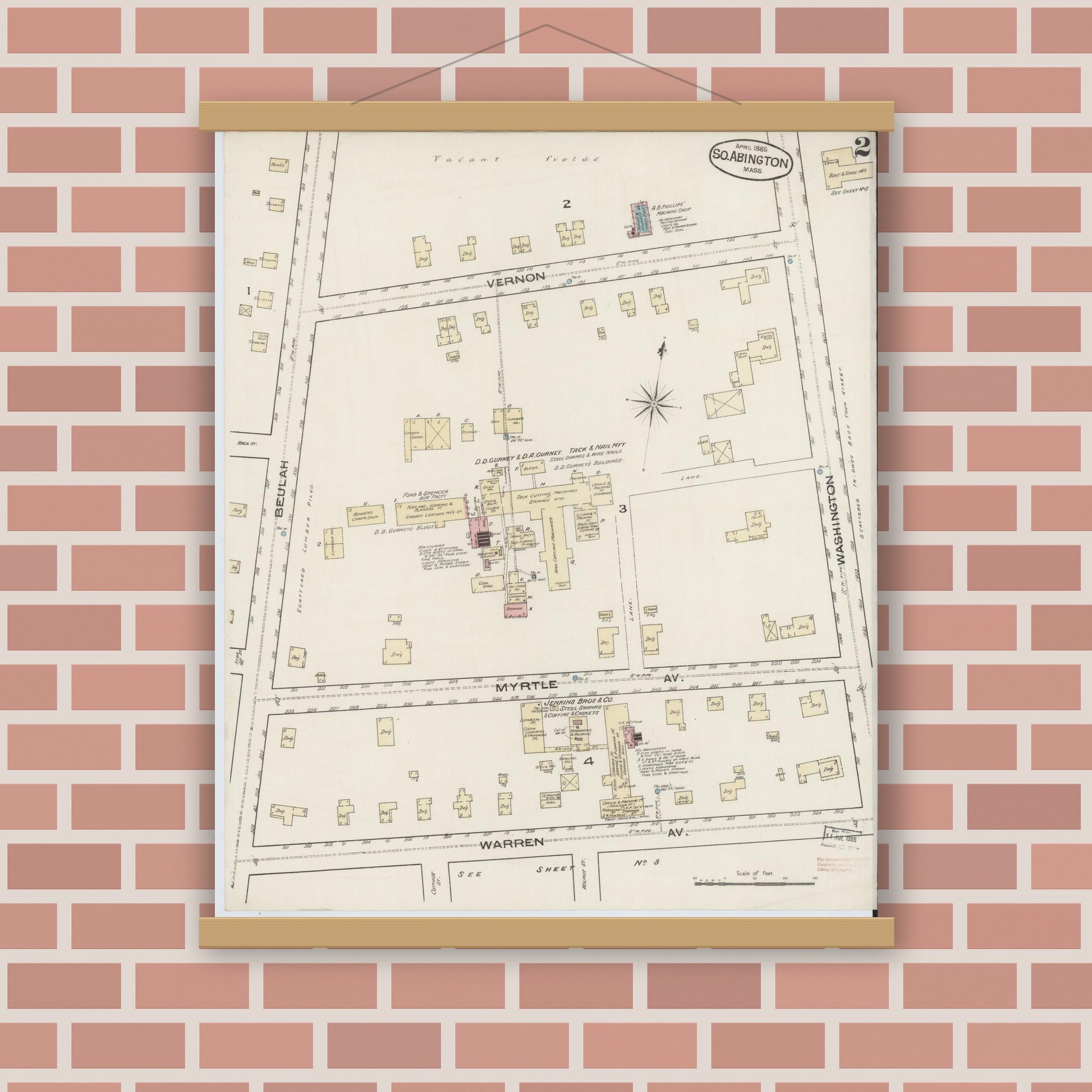 Old map wall art mockup — magnetic wood frame on brick wall — Sanborn Fire Insurance Map from South Abington, Plymouth County, Massachusetts (1885), Sheet #0002