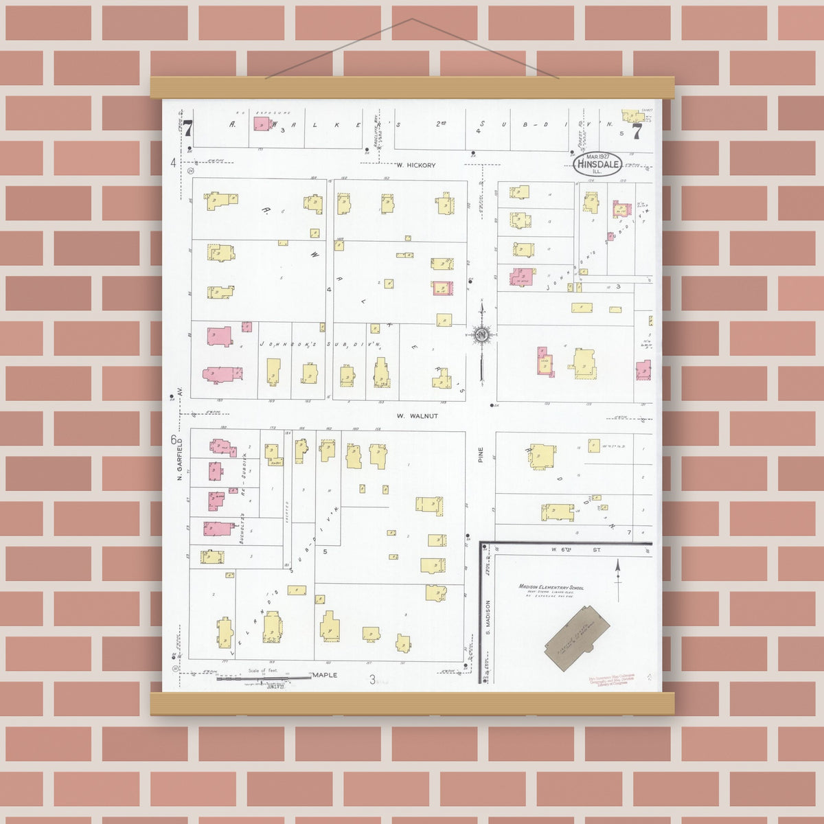 Old map wall art mockup — magnetic wood frame on brick wall — Sanborn Fire Insurance Map from Hinsdale, Du Page And Cook Counties, Illinois (1927), Sheet #0007