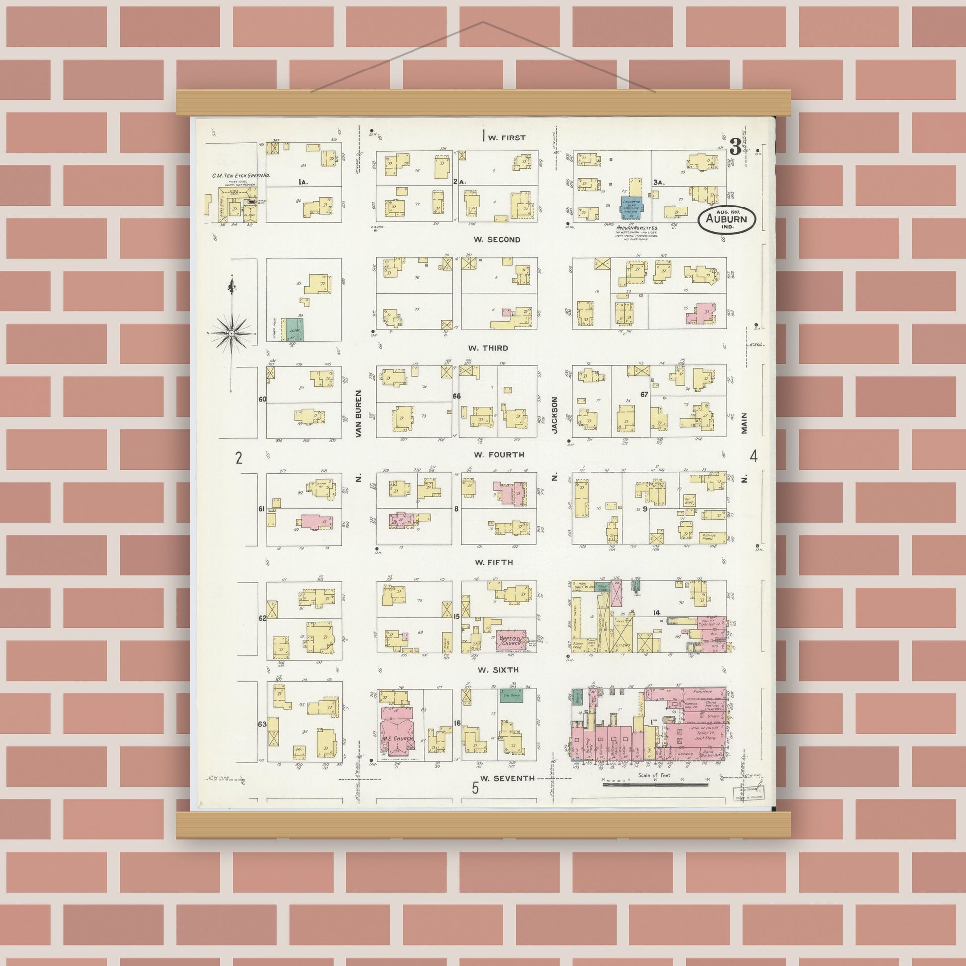 Old map wall art mockup — magnetic wood frame on brick wall — Sanborn Fire Insurance Map from Auburn, De Kalb County, Indiana (1907), Sheet #0003
