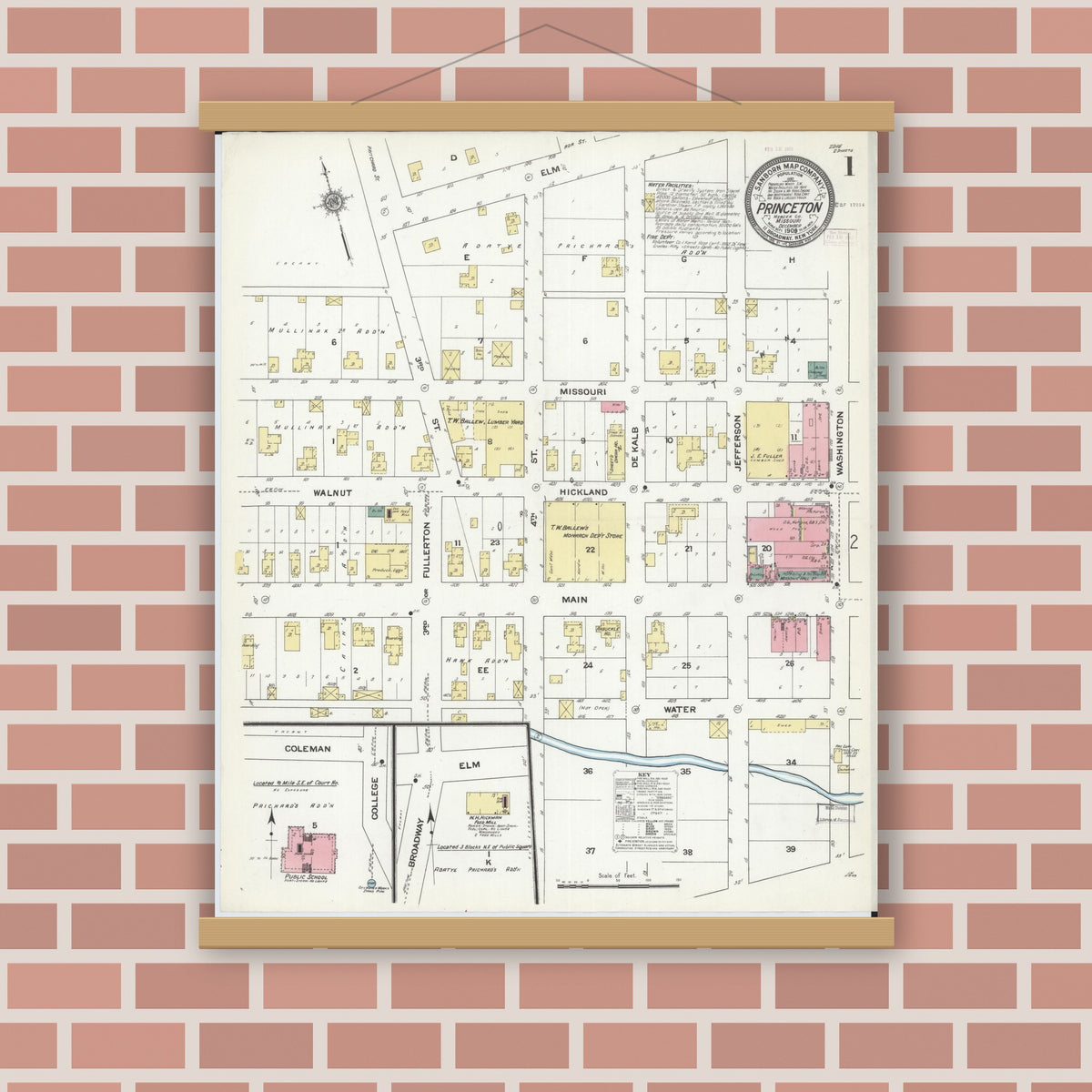 Old map wall art mockup — magnetic wood frame on brick wall — Sanborn Fire Insurance Map from Princeton, Mercer County, Missouri (1909) - Complete Map Set