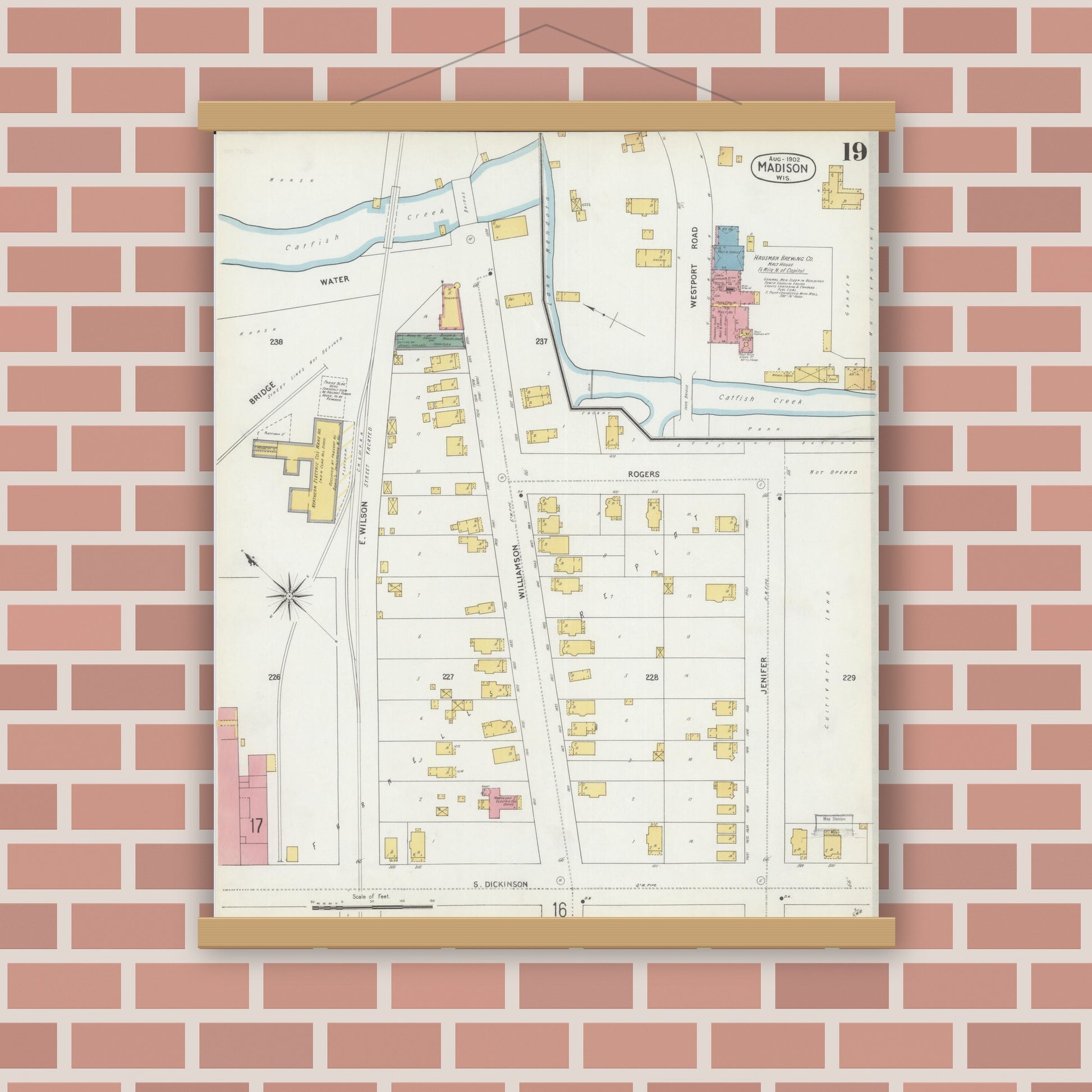 Old map wall art mockup — magnetic wood frame on brick wall — Sanborn Fire Insurance Map from Madison, Dane County, Wisconsin (1902), Sheet #0019