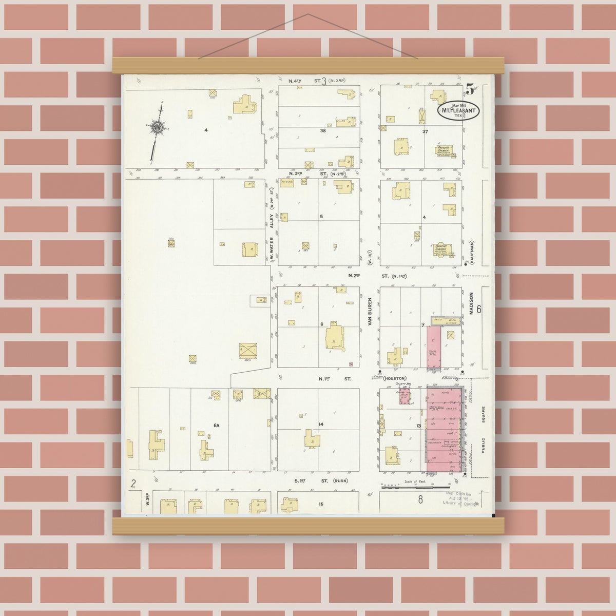 Old map wall art mockup — magnetic wood frame on brick wall — Sanborn Fire Insurance Map from Mount Pleasant, Titus County, Texas (1911), Sheet #0005