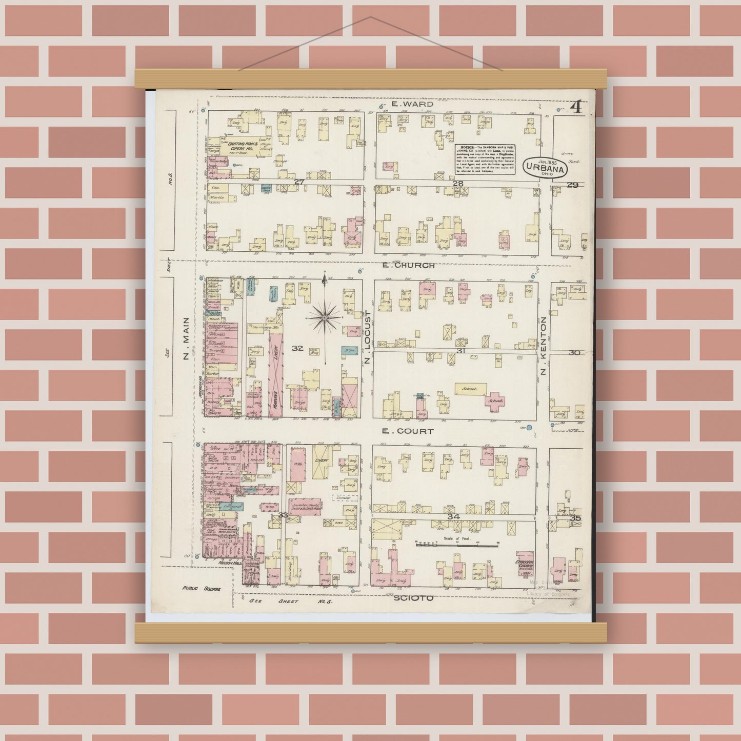 Old map wall art mockup — magnetic wood frame on brick wall — Sanborn Fire Insurance Map from Urbana, Champaign County, Ohio (1885), Sheet #0004