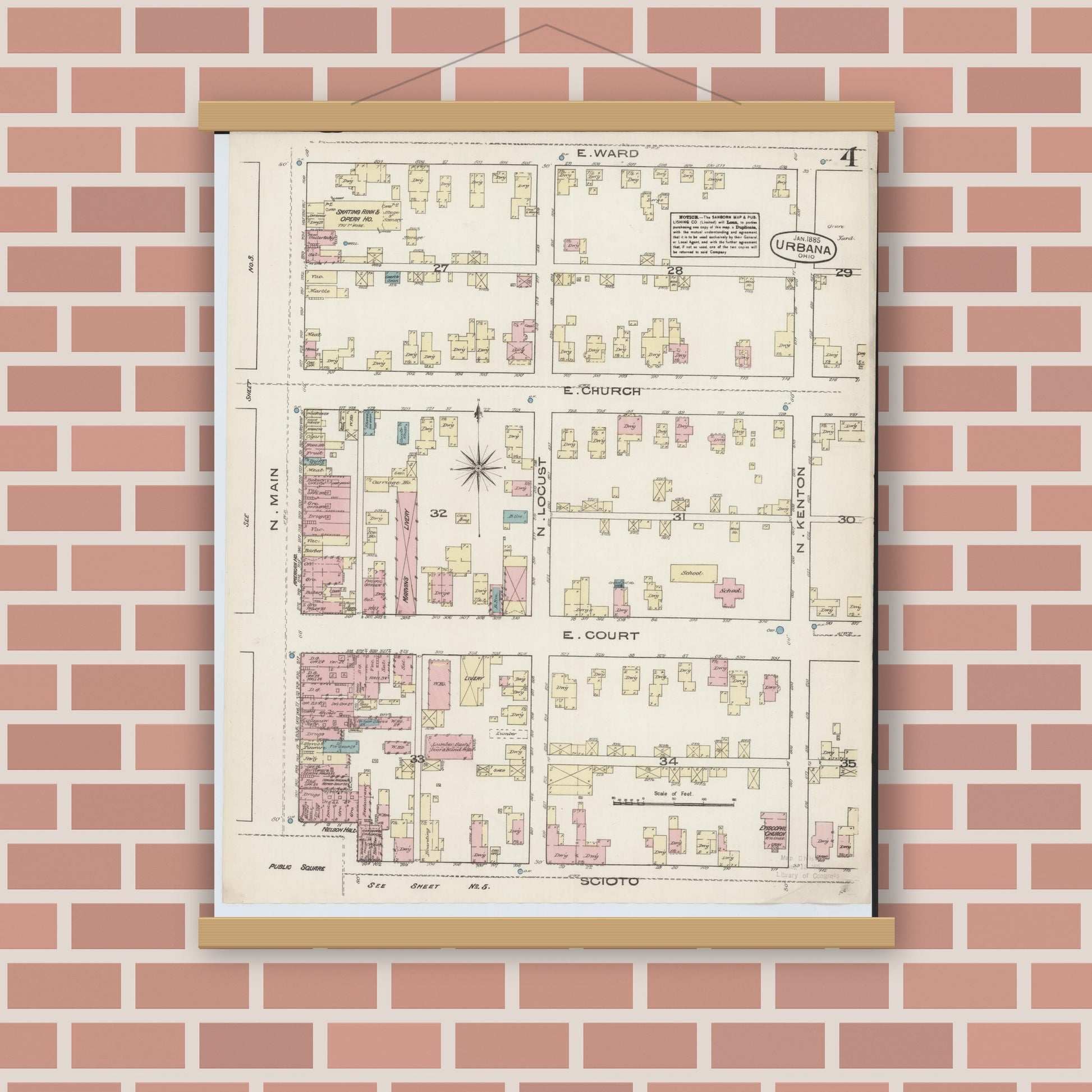 Old map wall art mockup — magnetic wood frame on brick wall — Sanborn Fire Insurance Map from Urbana, Champaign County, Ohio (1885), Sheet #0004