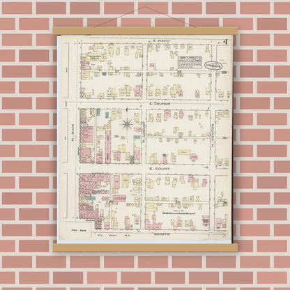 Old map wall art mockup — magnetic wood frame on brick wall — Sanborn Fire Insurance Map from Urbana, Champaign County, Ohio (1885), Sheet #0004