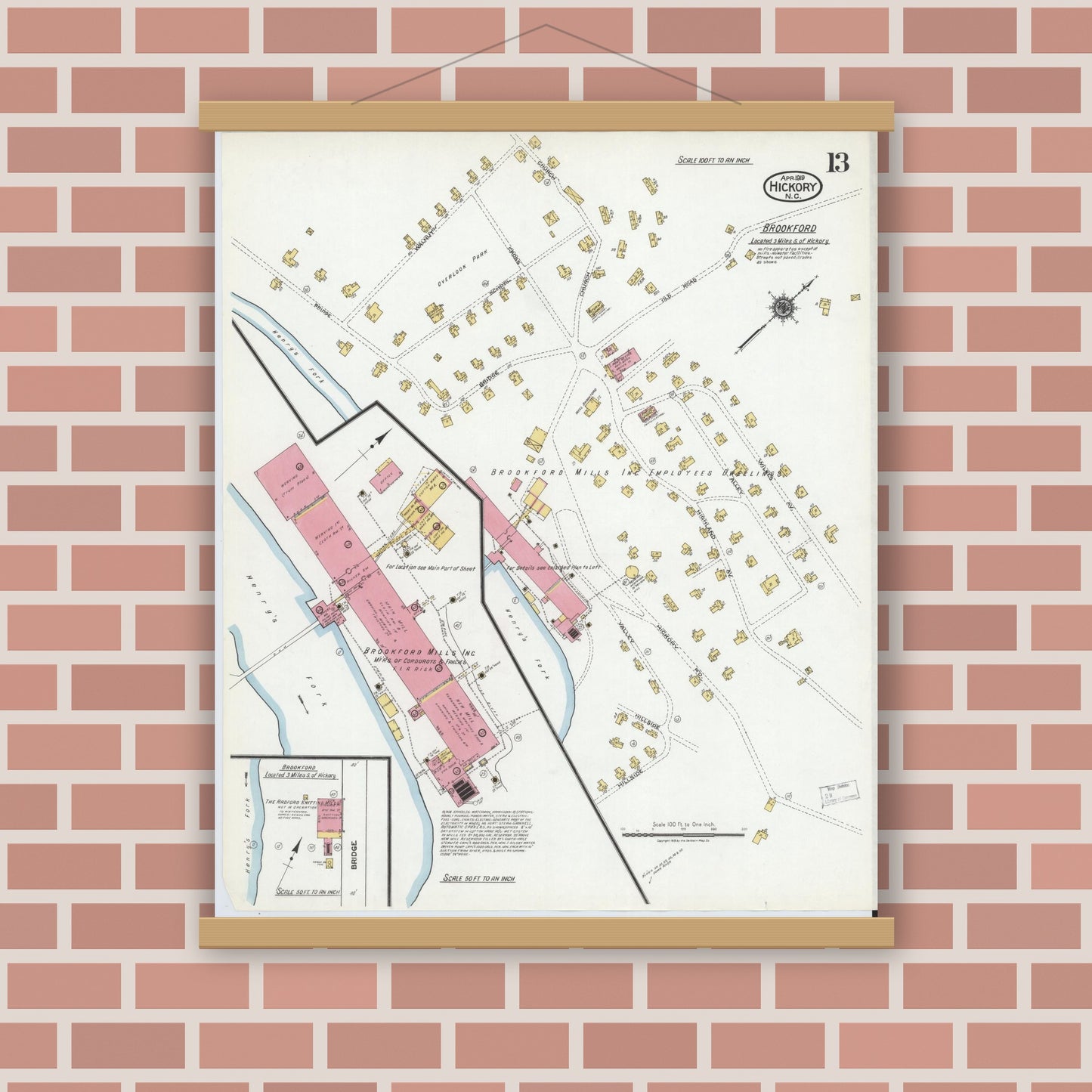 Old map wall art mockup — magnetic wood frame on brick wall — Sanborn Fire Insurance Map from Hickory, Catawba County, North Carolina (1919), Sheet #0013