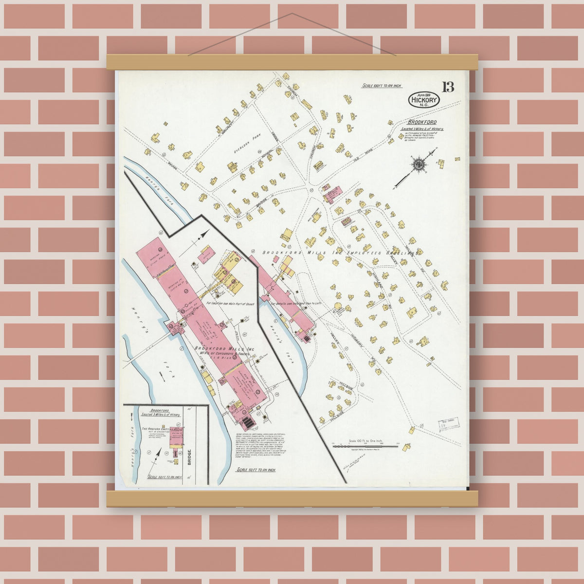 Old map wall art mockup — magnetic wood frame on brick wall — Sanborn Fire Insurance Map from Hickory, Catawba County, North Carolina (1919), Sheet #0013