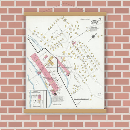 Old map wall art mockup — magnetic wood frame on brick wall — Sanborn Fire Insurance Map from Hickory, Catawba County, North Carolina (1919), Sheet #0013