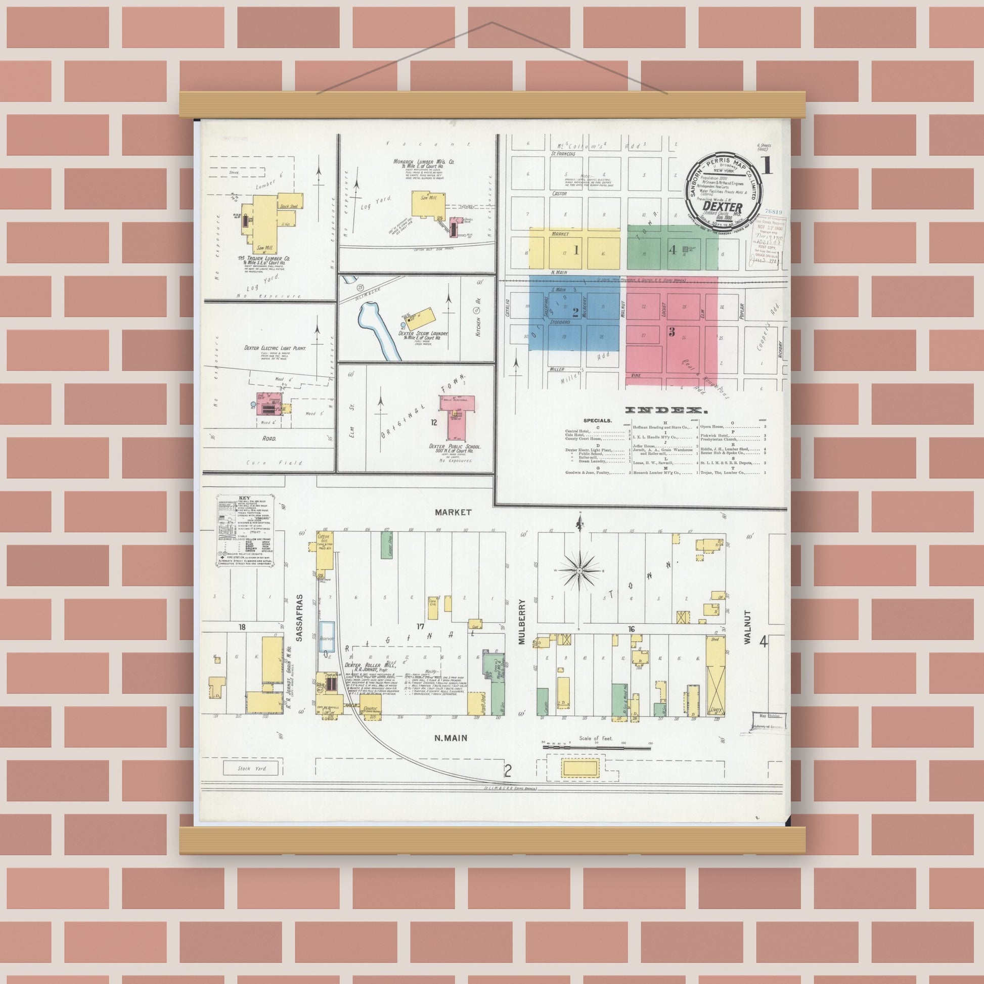 Old map wall art mockup — magnetic wood frame on brick wall — Sanborn Fire Insurance Map from Dexter, Stoddard County, Missouri (1900) - Complete Map Set
