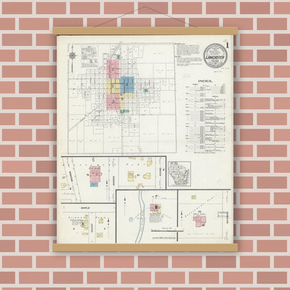 Old map wall art mockup — magnetic wood frame on brick wall — Sanborn Fire Insurance Map from Lancaster, Grant County, Wisconsin (1912) - Complete Map Set