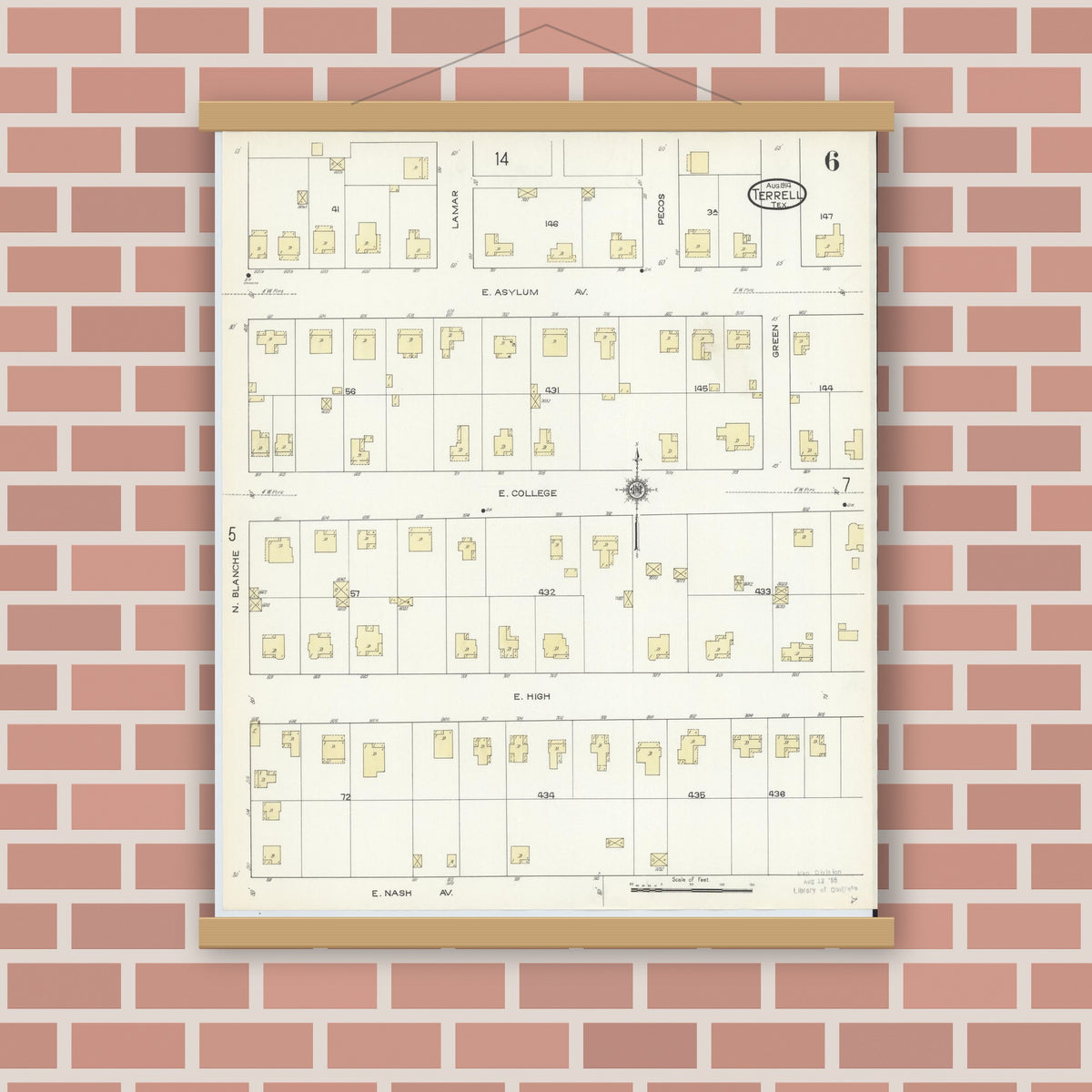 Old map wall art mockup — magnetic wood frame on brick wall — Sanborn Fire Insurance Map from Terrell, Kaufman County, Texas (1914), Sheet #0006