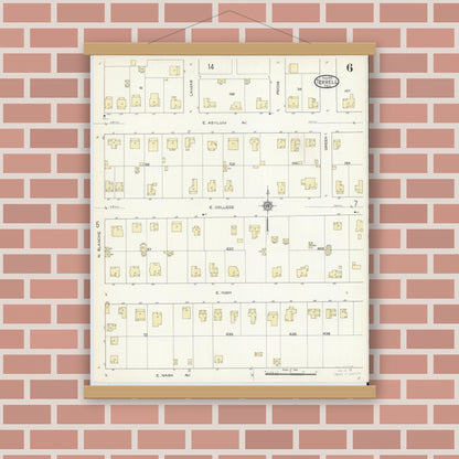 Old map wall art mockup — magnetic wood frame on brick wall — Sanborn Fire Insurance Map from Terrell, Kaufman County, Texas (1914), Sheet #0006