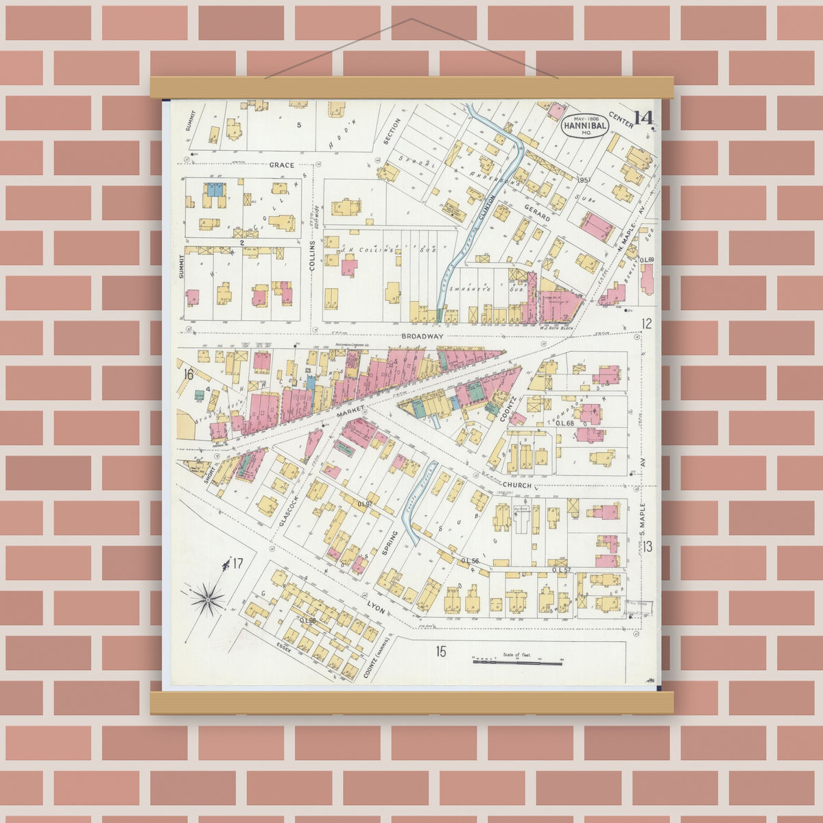 Old map wall art mockup — magnetic wood frame on brick wall — Sanborn Fire Insurance Map from Hannibal, Marion County, Missouri (1906), Sheet #0014