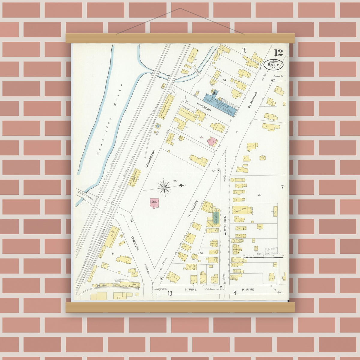 Old map wall art mockup — magnetic wood frame on brick wall — Sanborn Fire Insurance Map from Bath, Steuben County, New York (1909), Sheet #0012