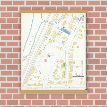Old map wall art mockup — magnetic wood frame on brick wall — Sanborn Fire Insurance Map from Bath, Steuben County, New York (1909), Sheet #0012