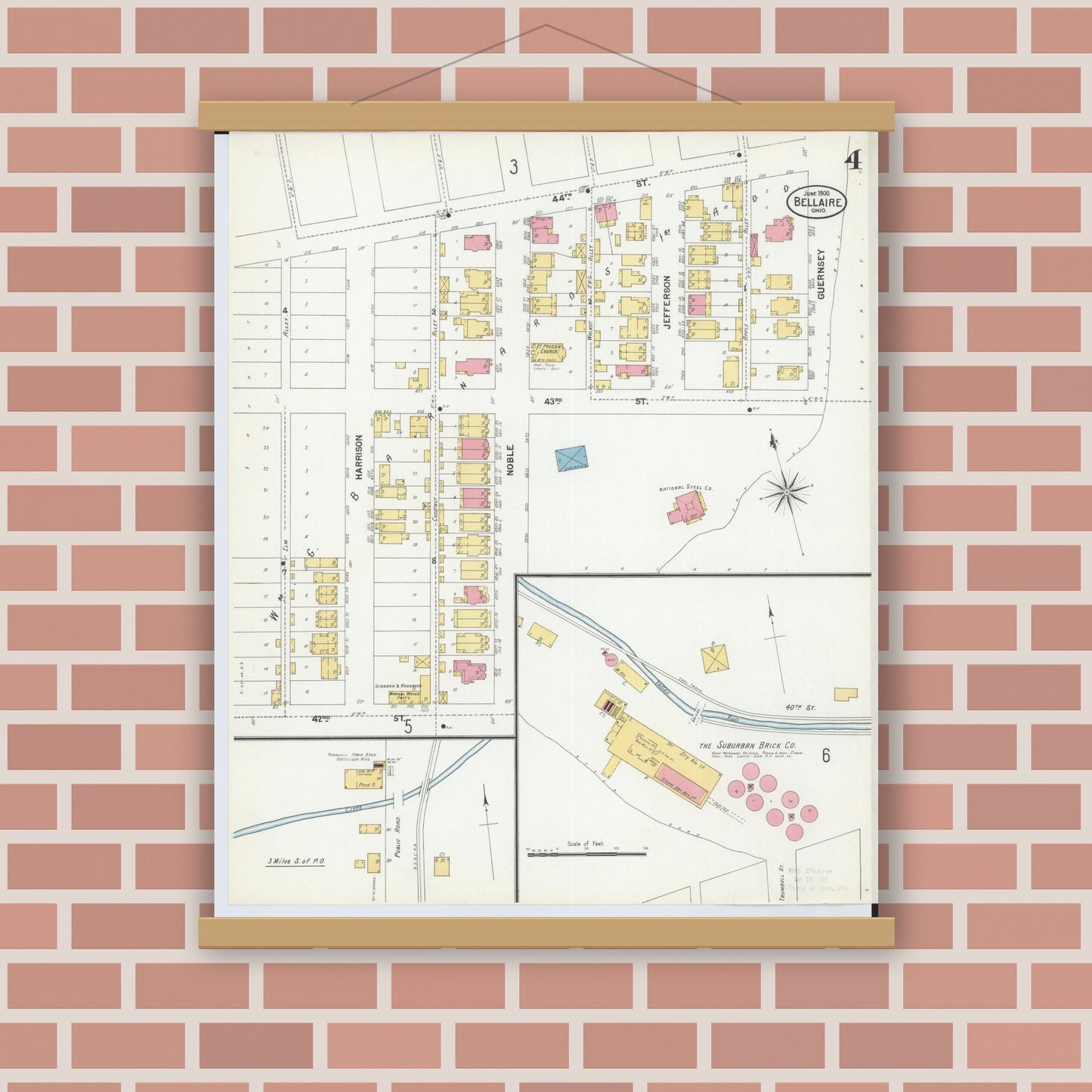 Old map wall art mockup — magnetic wood frame on brick wall — Sanborn Fire Insurance Map from Bellaire, Belmont County, Ohio (1900), Sheet #0004