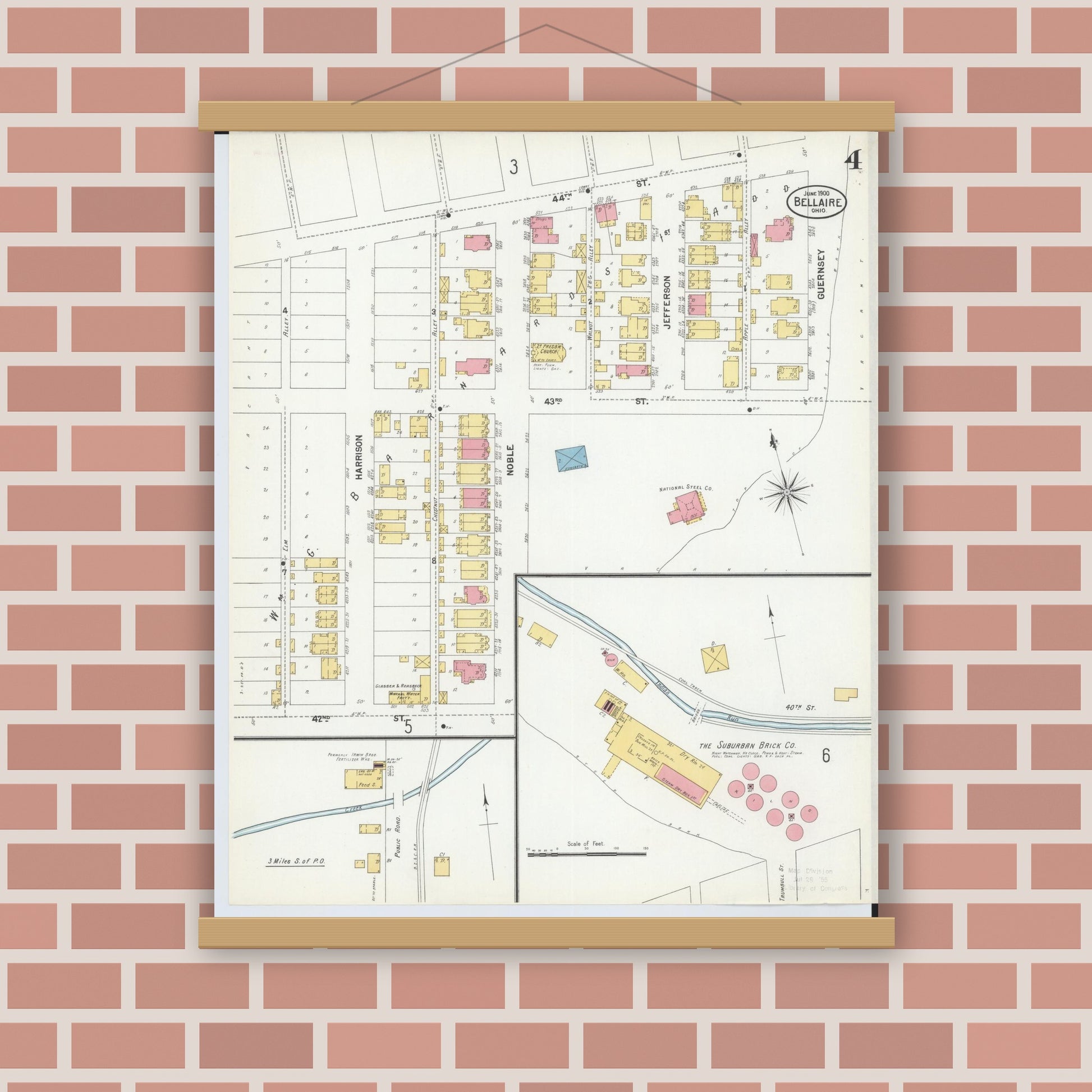Old map wall art mockup — magnetic wood frame on brick wall — Sanborn Fire Insurance Map from Bellaire, Belmont County, Ohio (1900), Sheet #0004