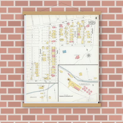 Old map wall art mockup — magnetic wood frame on brick wall — Sanborn Fire Insurance Map from Bellaire, Belmont County, Ohio (1900), Sheet #0004