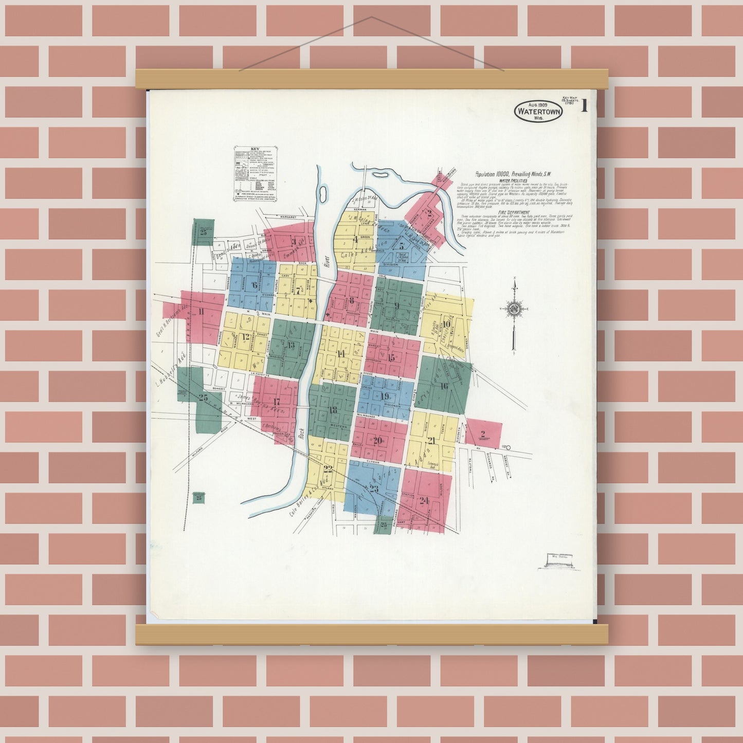 Old map wall art mockup — magnetic wood frame on brick wall — Sanborn Fire Insurance Map from Watertown, Jefferson County, Wisconsin (1909) - Complete Map Set