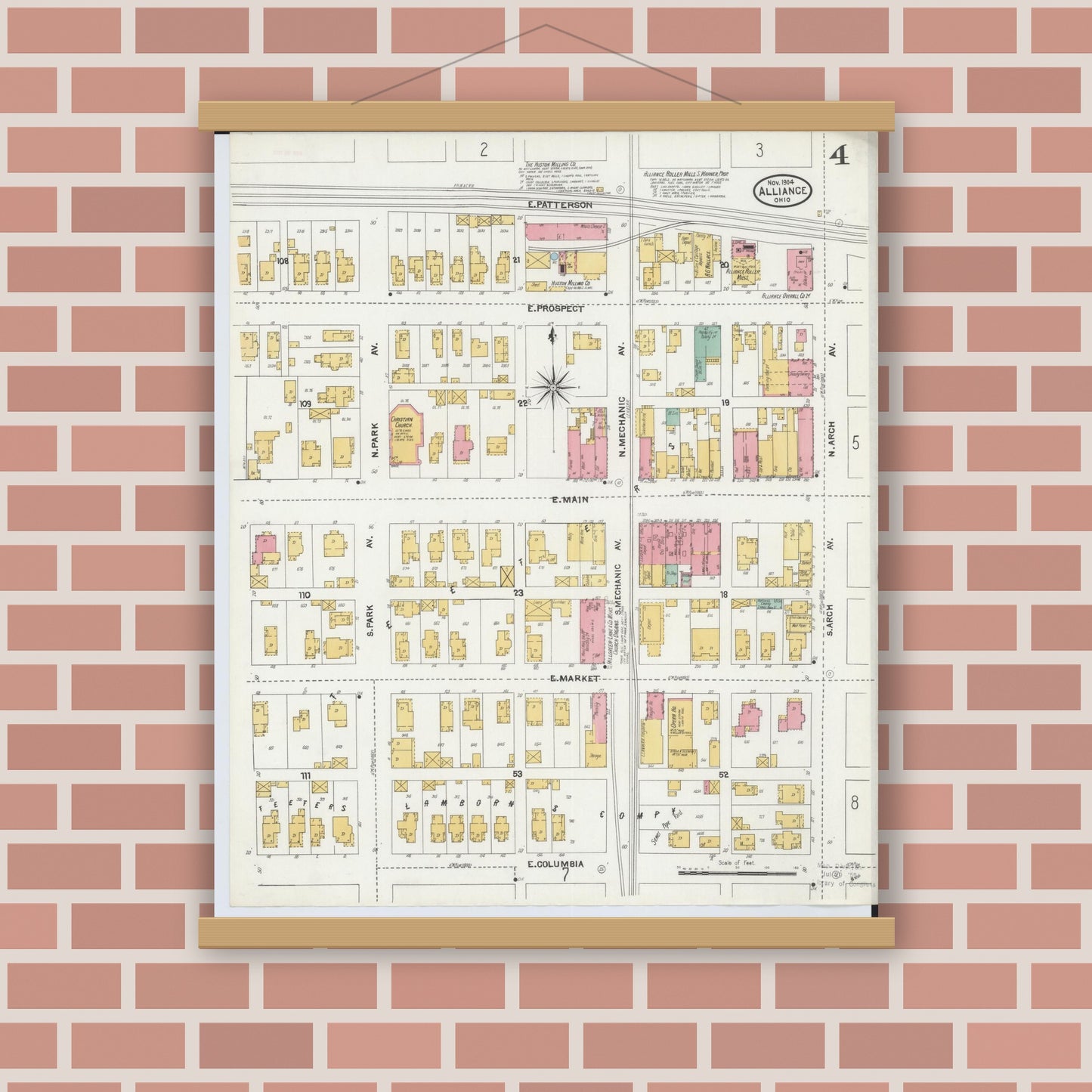 Old map wall art mockup — magnetic wood frame on brick wall — Sanborn Fire Insurance Map from Alliance, Stark County, Ohio (1904), Sheet #0004