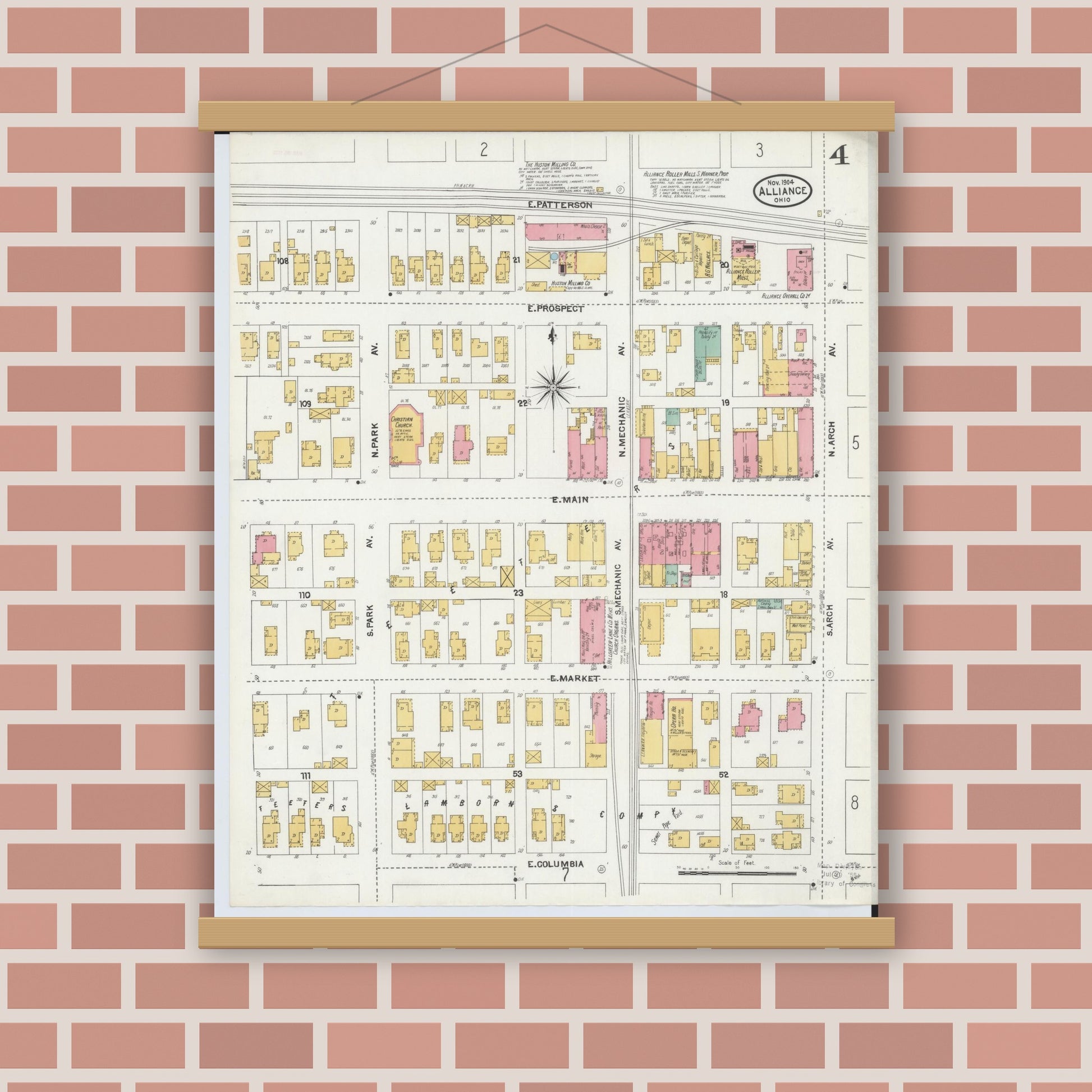 Old map wall art mockup — magnetic wood frame on brick wall — Sanborn Fire Insurance Map from Alliance, Stark County, Ohio (1904), Sheet #0004