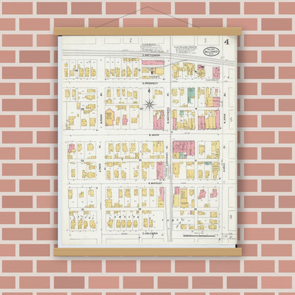 Old map wall art mockup — magnetic wood frame on brick wall — Sanborn Fire Insurance Map from Alliance, Stark County, Ohio (1904), Sheet #0004