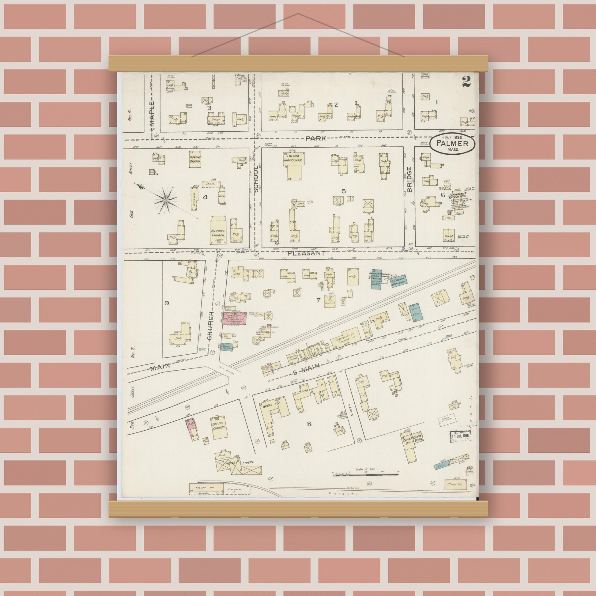 Old map wall art mockup — magnetic wood frame on brick wall — Sanborn Fire Insurance Map from Palmer, Hampden County, Massachusetts (1886), Sheet #0002