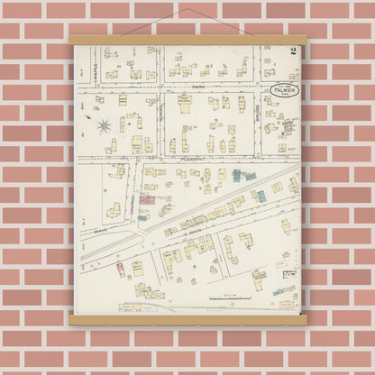 Old map wall art mockup — magnetic wood frame on brick wall — Sanborn Fire Insurance Map from Palmer, Hampden County, Massachusetts (1886), Sheet #0002