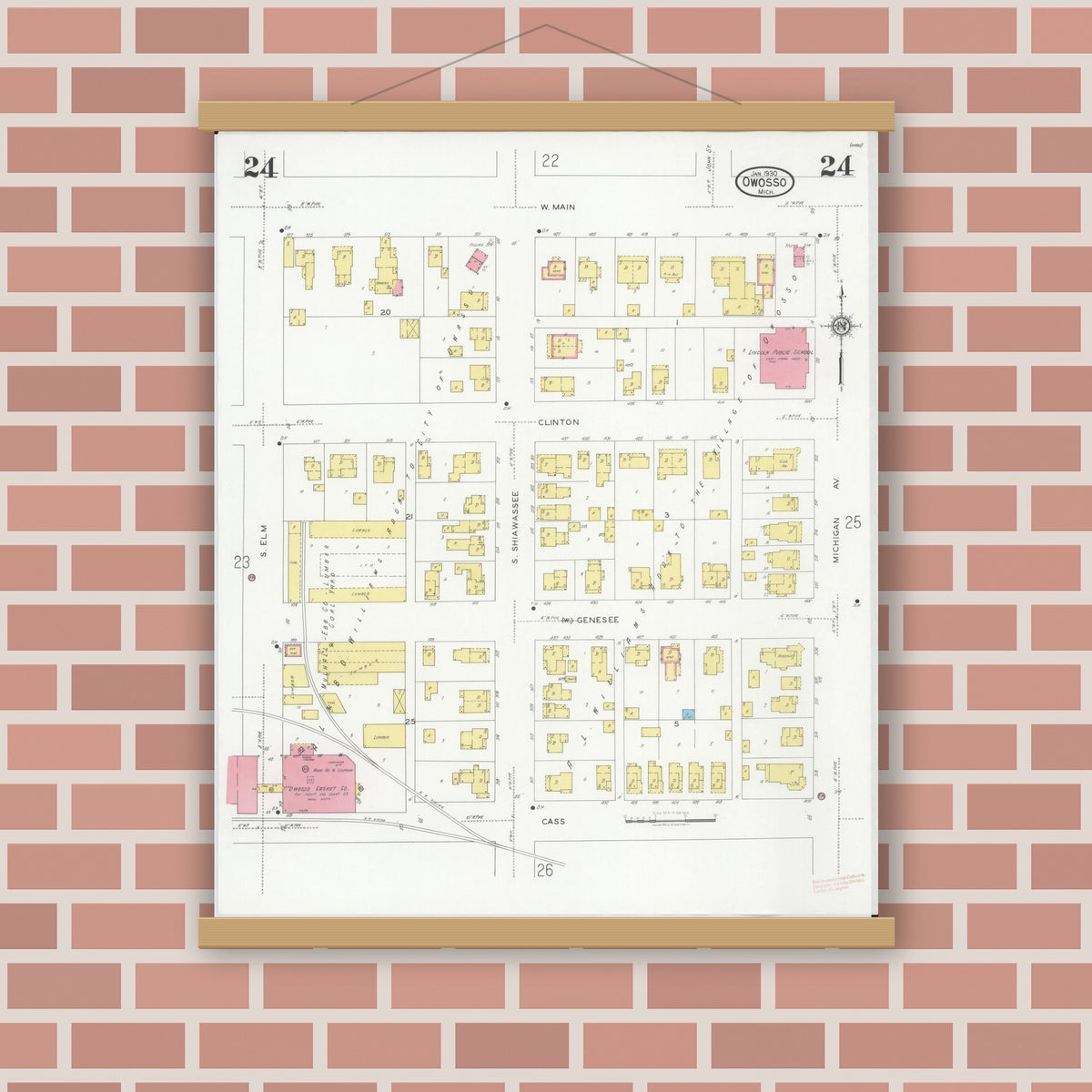 Old map wall art mockup — magnetic wood frame on brick wall — Sanborn Fire Insurance Map from Owosso, Shiawassee County, Michigan (1930), Sheet #0024
