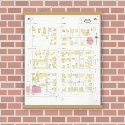 Old map wall art mockup — magnetic wood frame on brick wall — Sanborn Fire Insurance Map from Owosso, Shiawassee County, Michigan (1930), Sheet #0024