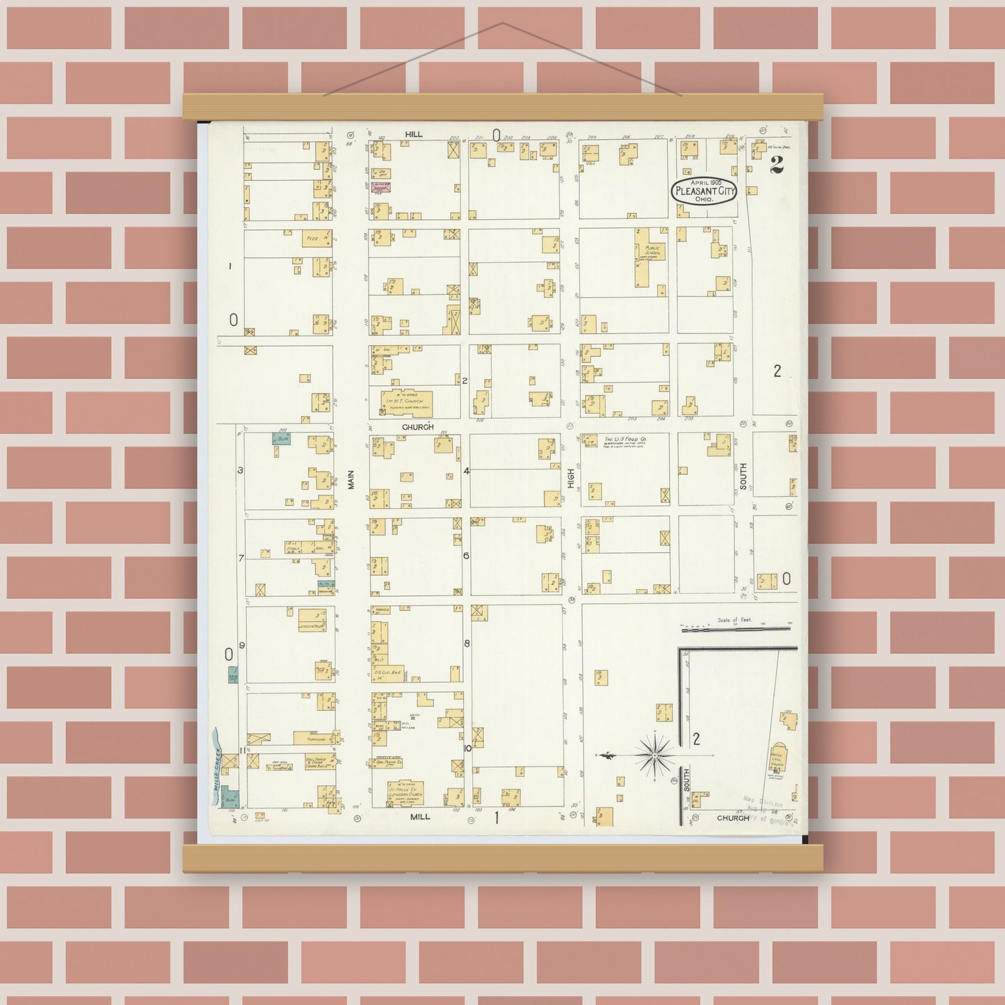 Old map wall art mockup — magnetic wood frame on brick wall — Sanborn Fire Insurance Map from Pleasant City, Guernsey County, Ohio (1905), Sheet #0002