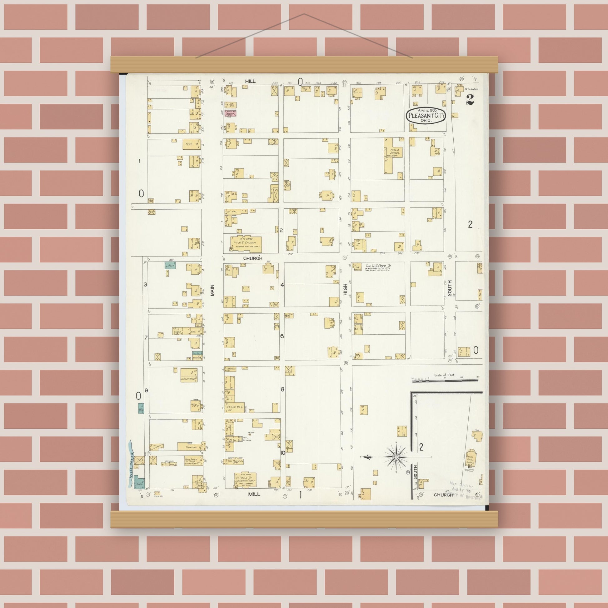 Old map wall art mockup — magnetic wood frame on brick wall — Sanborn Fire Insurance Map from Pleasant City, Guernsey County, Ohio (1905), Sheet #0002