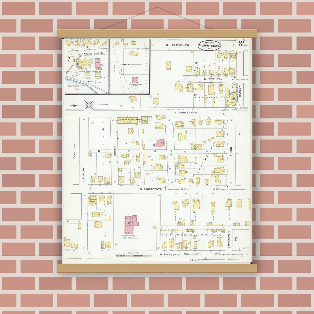Old map wall art mockup — magnetic wood frame on brick wall — Sanborn Fire Insurance Map from Murphysboro, Jackson County, Illinois (1909), Sheet #0003