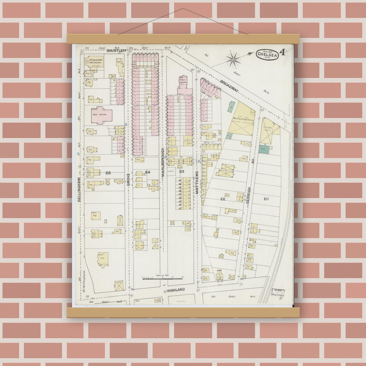 Old map wall art mockup — magnetic wood frame on brick wall — Sanborn Fire Insurance Map from Chelsea, Suffolk County, Massachusetts (1889), Sheet #0004